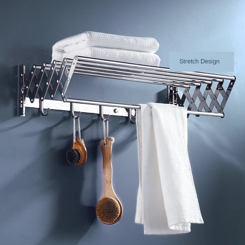 New Product Stainless Steel Bath Towel Rack Toilet Bathroom Shelf Activity Retractable Folding Towel Rack Drying