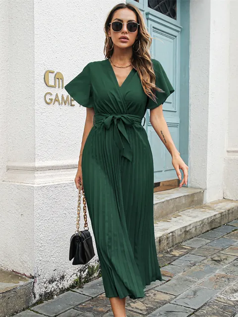 Burgundy/Green/Black Dress Elegant Gown Long Dress Women's Dress Butterfly Sleeve Pleated Maxi Dress for Women Elegant V-neck Sashes High Waist Vintage Dress 1