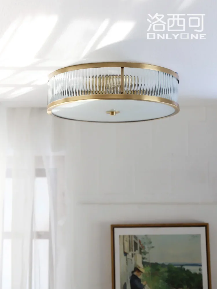 

American-style simple all-copper ceiling lamp, lattice glass cover, modern light luxury bedroom, study, dining room lamps