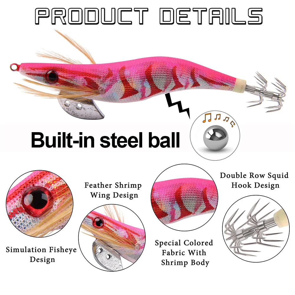 Fishing lure 10Pcs 12g-20g squid bait wooden shrimp jig hook with rattle octopus lures cuttlefish luminous jigging