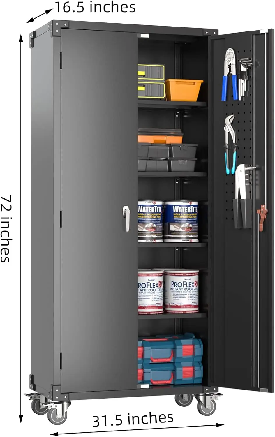 Tool cabinet Metal Garage Tools Storage Cabinet with Wheels 72" Tall Lockable Garage Cabinet with Pegboard & 4 Hooks Adjustable 3
