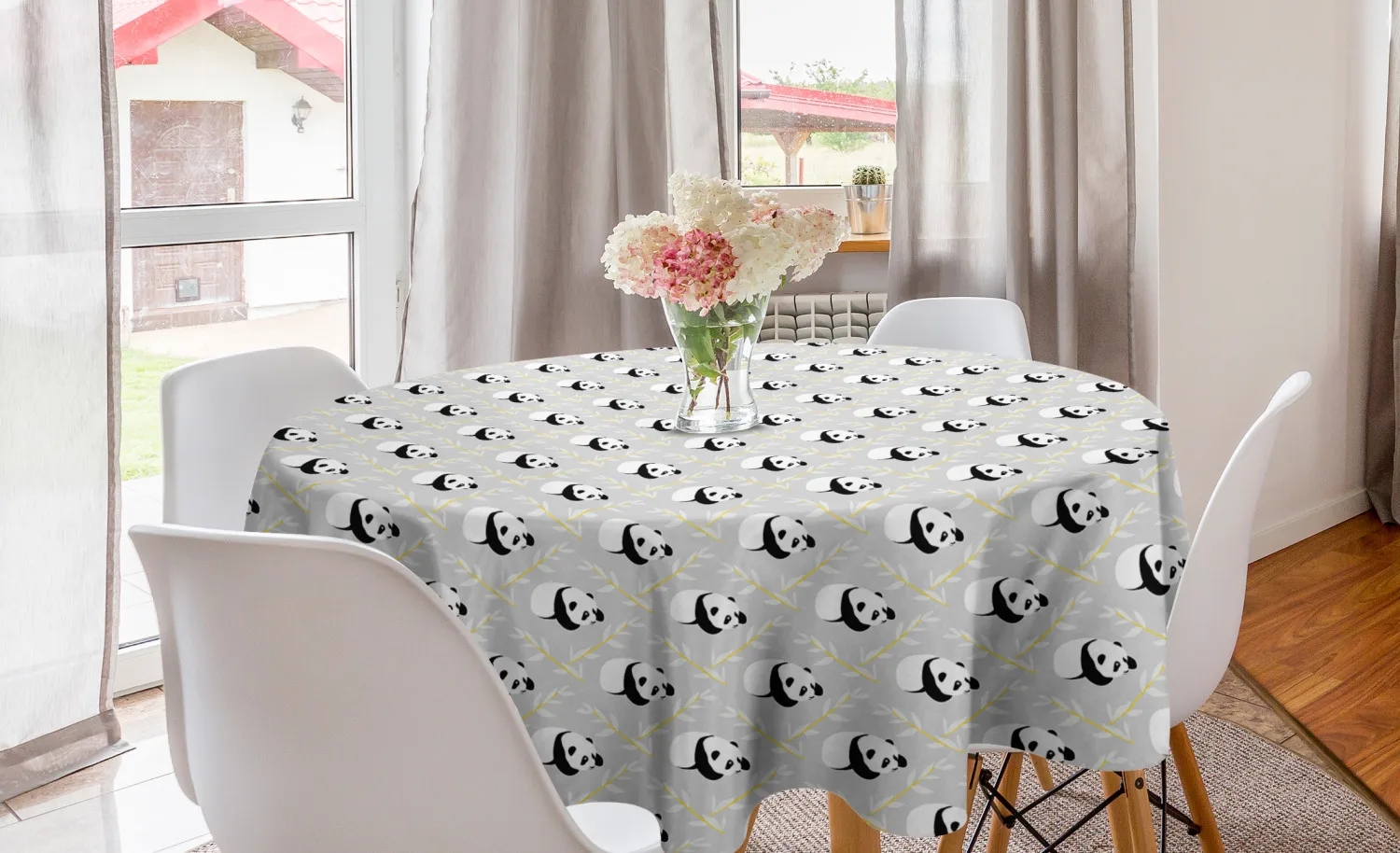 Panda Round Tablecloth Repetitive Cartoon Animal Leafy Branches Circle Cover for Dining Room Kitchen Decor Party | Дом и сад