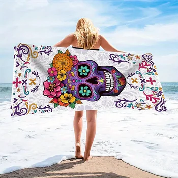 Beach Towel Day Of The Dead Sugar Skull Pattern Sun Protection Windproof Suitable For Swimming Pool Camping Travel Blanket 1