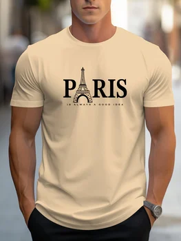 Summer Men's T Shirt Short Sleeve Paris Pattern Print 1