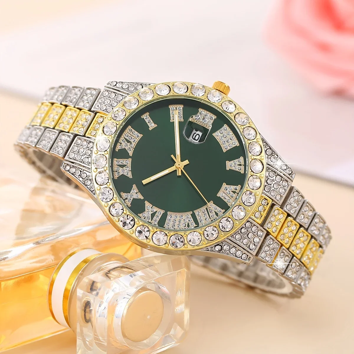 2pcs/set 1pc Men's Large Dial Artificial Rhinestone Watch Iced-Out Wrist Watch + 1pc Twist Chain Bracelet