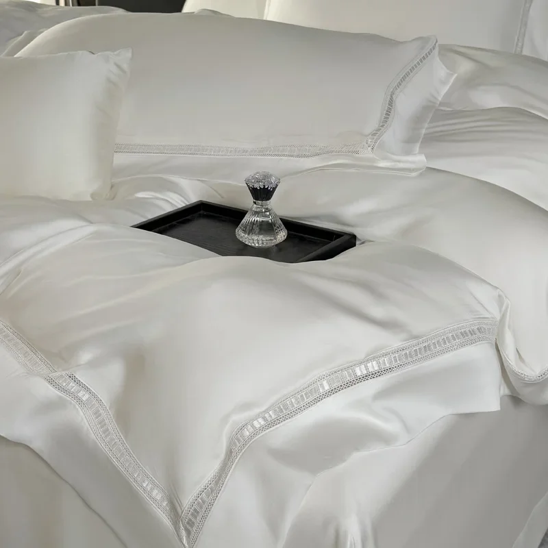 4Pcs Bedding Set Lyocell Bamboo Fiber Soft Silky Cool Hollow Edge Duvet Cover Fitted Sheet Pillowcases - Comforter Included