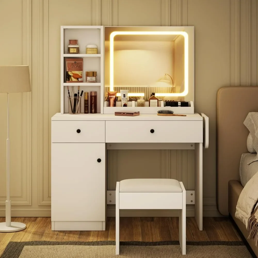 Makeup Vanity Desk with Mirror and Lights, Vanity Desk Set with Outlet & Drawers & Open Shelf Storage Cabinet, Table