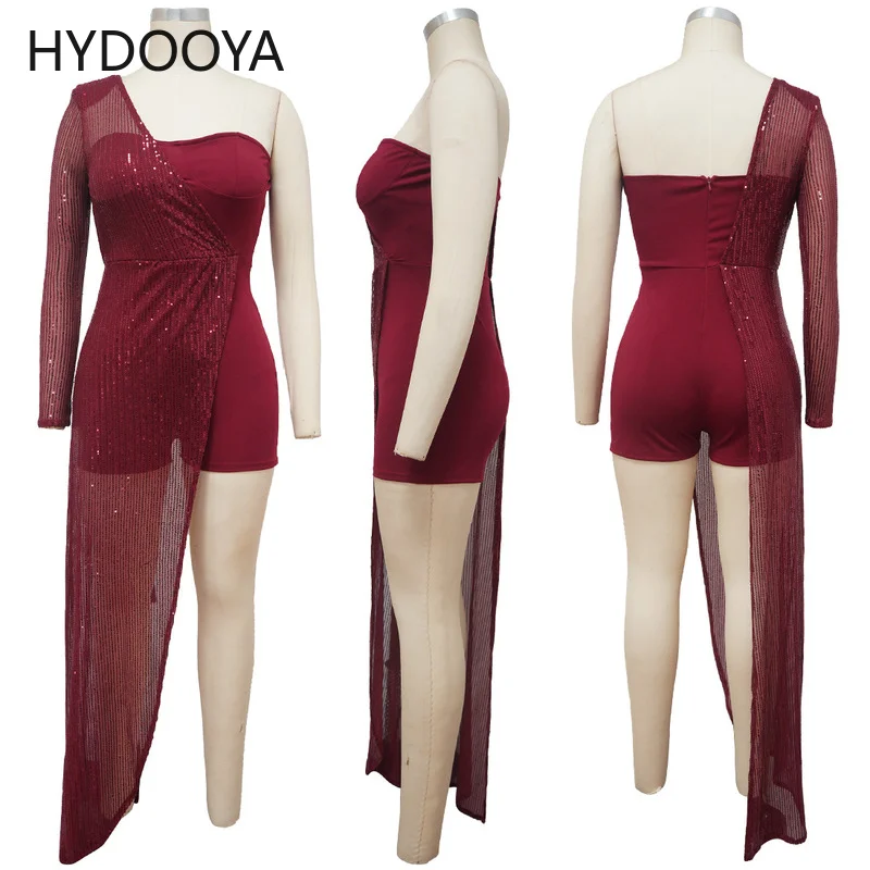 New Sparkly Sequins Sexy One Shoulder Party Playsuit for Women Irregular Party Bodysuits Elegant Backless Celebrity Club Outfits
