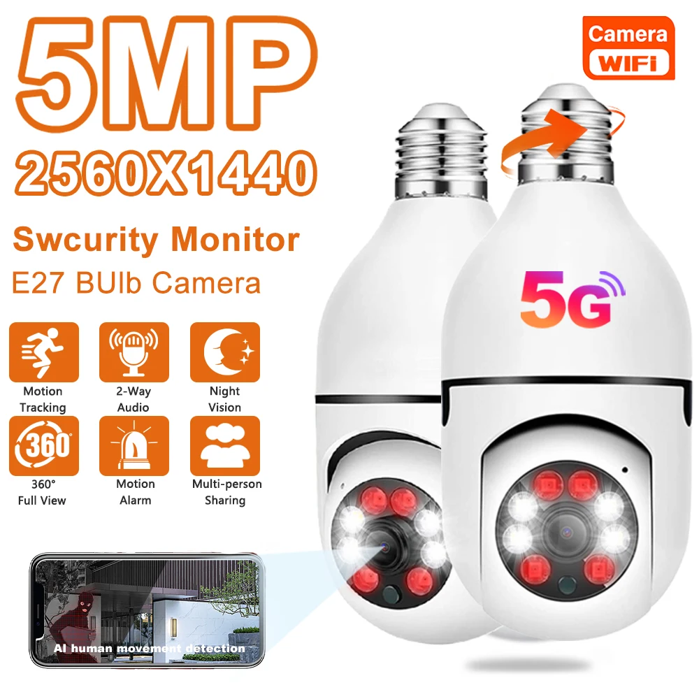 

5G Wifi 5MP E27 Bulb Surveillance Camera Indoor 4X Digital Zoom AI Human Detect Full Color Night Vision Wireless Cam Smart Home