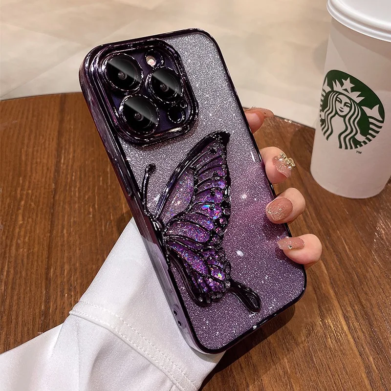 Glitter Quicksand Butterfly Plating Gradient Bling Transparent Soft TPU Case with Camera Film
