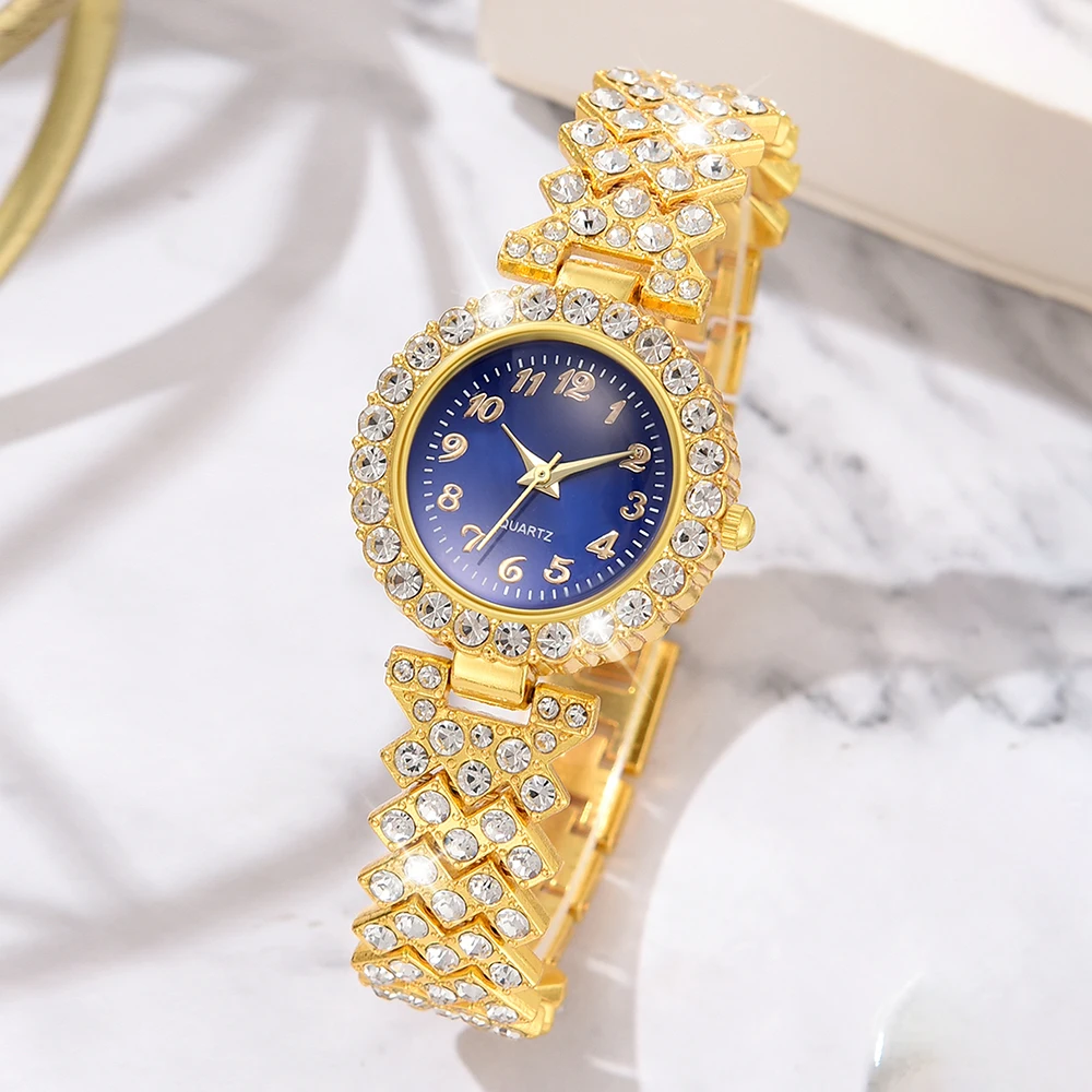 6PCS/Set Women's Blue Alloy Watch Strap Fashionable Rhinestone Quartz Watch Necklace Earrings Jewelry Set 3
