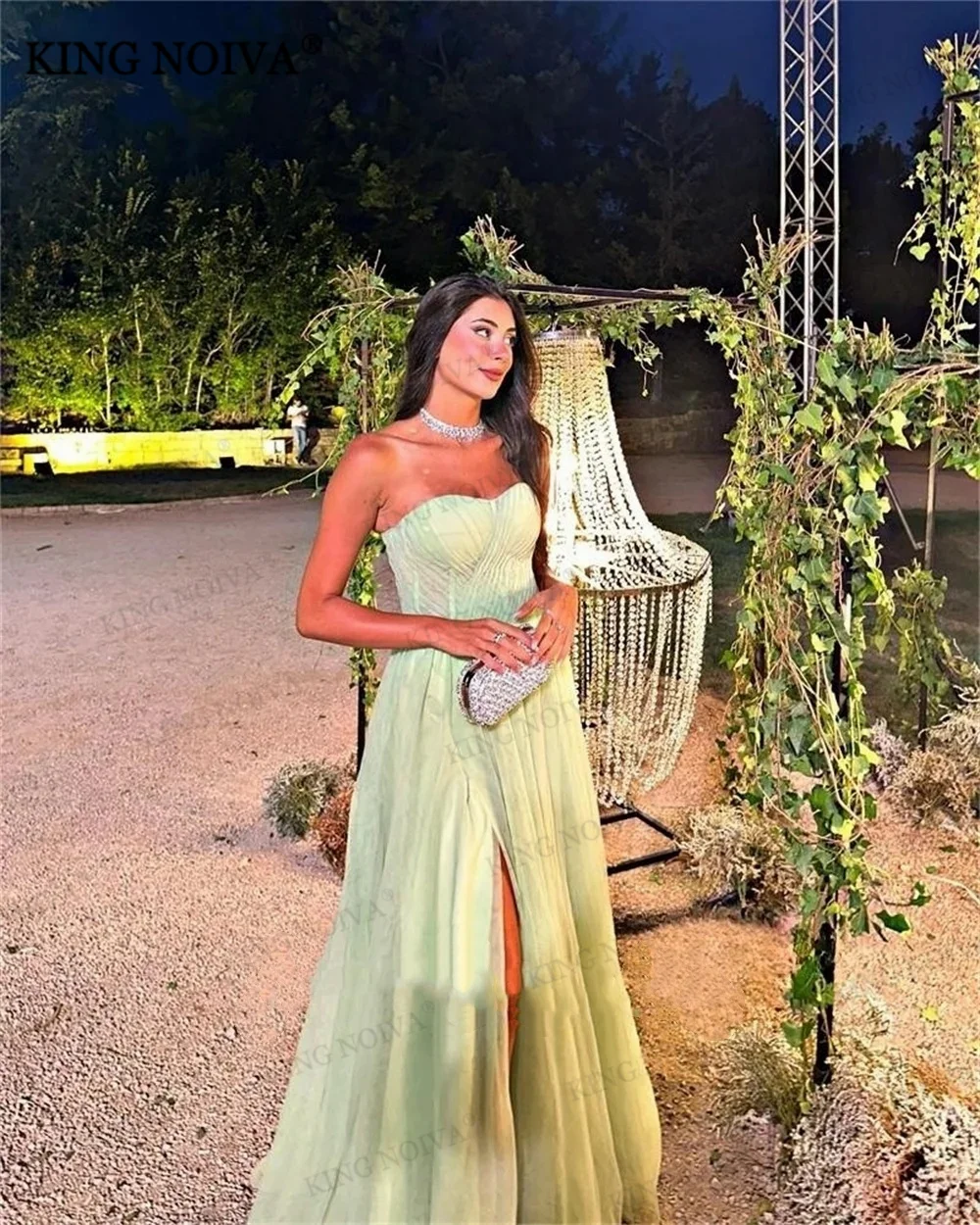

KING Elegant Strapless Sleeveless A-Line Evening Dresses Backless Pleat side slit Floor-Length Simple Prom Dress robe de soiréé