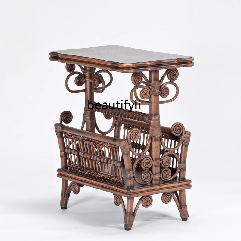 

European-Style Solid Wood Book Shelf Creative Magazine Rack Rattan Newspapers Rack the Newspaper Stand Floor Storage Rack