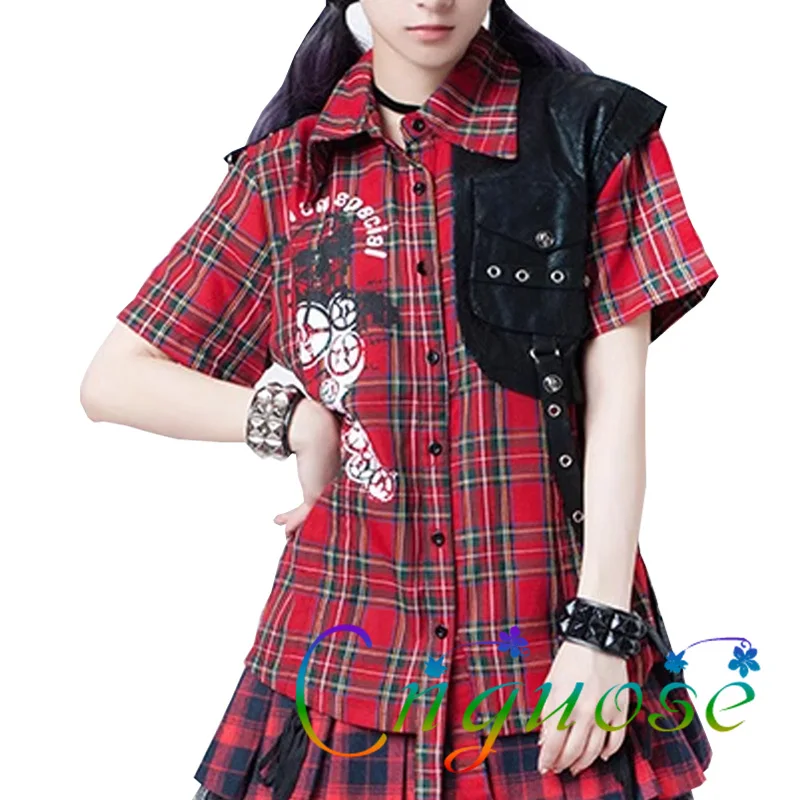 

2023 Summer Academic Style Skull Pattern Red Plaid Punk Rock English Punk Print Leather Panel Plaid Girls Shirt Top for Womens