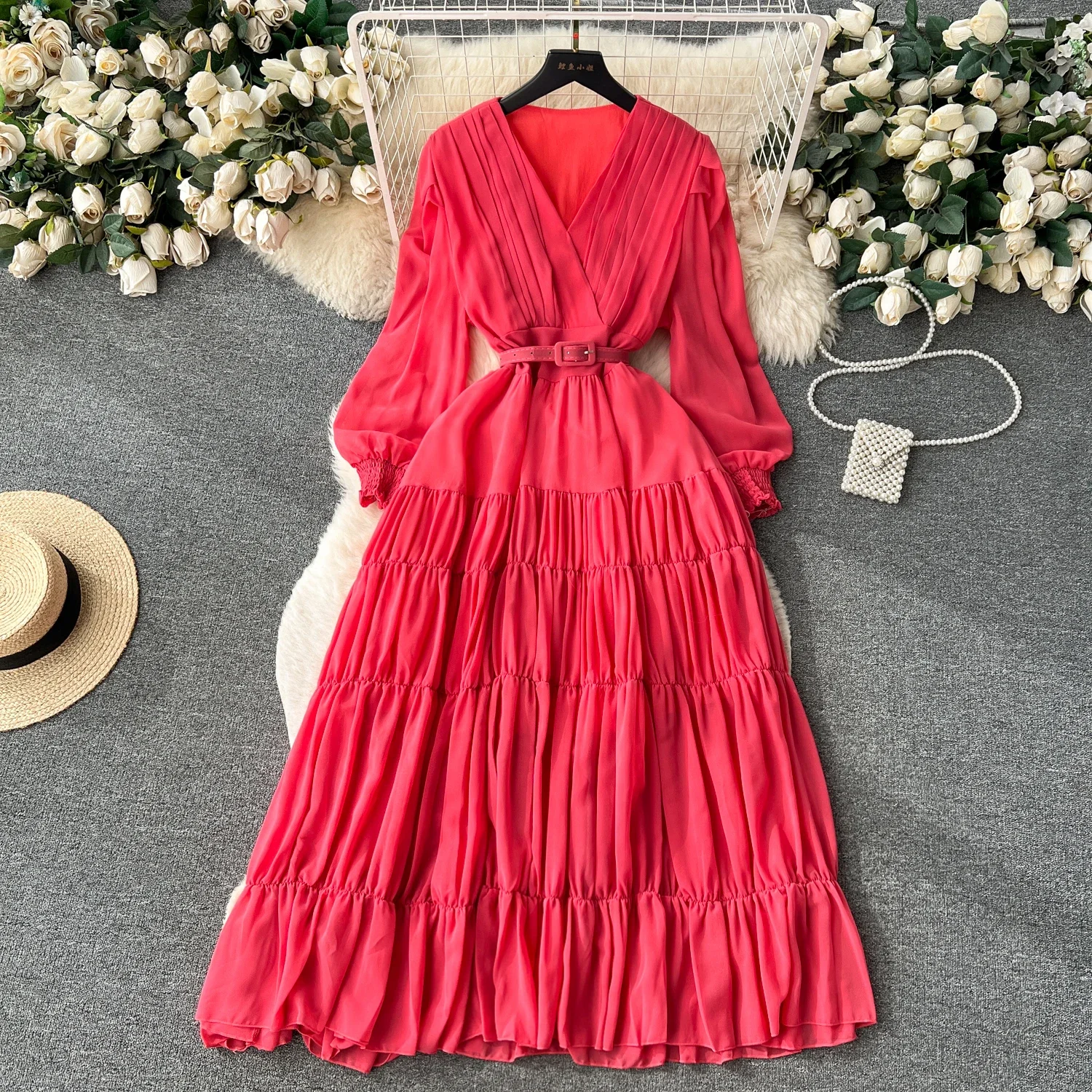 

VANOVICH French Style V-neck Solid Color A-line Dress Women Autumn New Temperament Waist Slim Design Pleated Elegant Long Dress