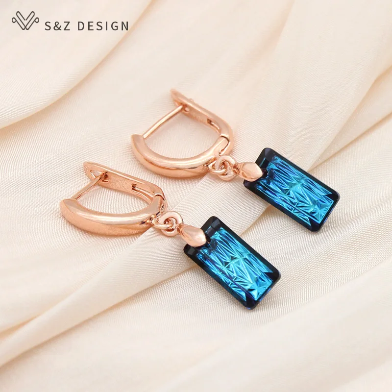 S&Z DESIGN New Elegant 585 Rose Gold Color Square Crystal Dangle Earrings For Women Girl Wedding Party Fashion Fine Jewelry