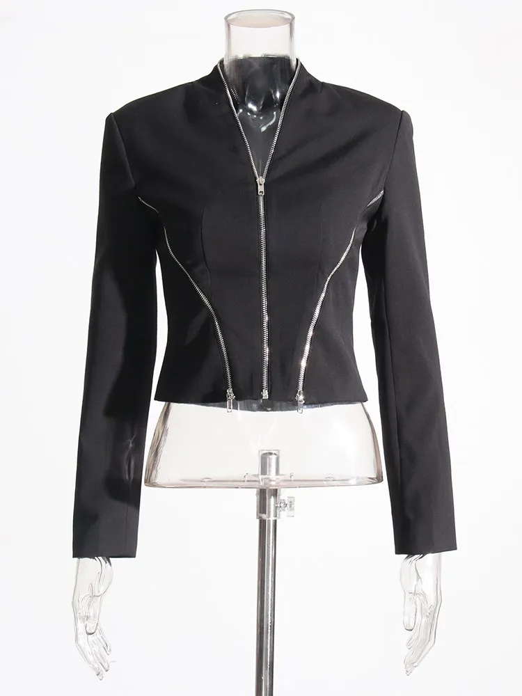 KBQ Spliced Zipper Chic Blazers For Women V Neck Long Sleeve Tunic Slimming Short High Street Blazer Female Fashion Clothing New