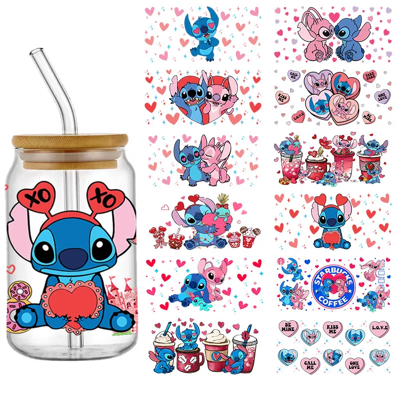 발렌타인 데이 디즈니 스티치 테마 Libbey 16oz 캔 유리 UV DTF 디즈..
