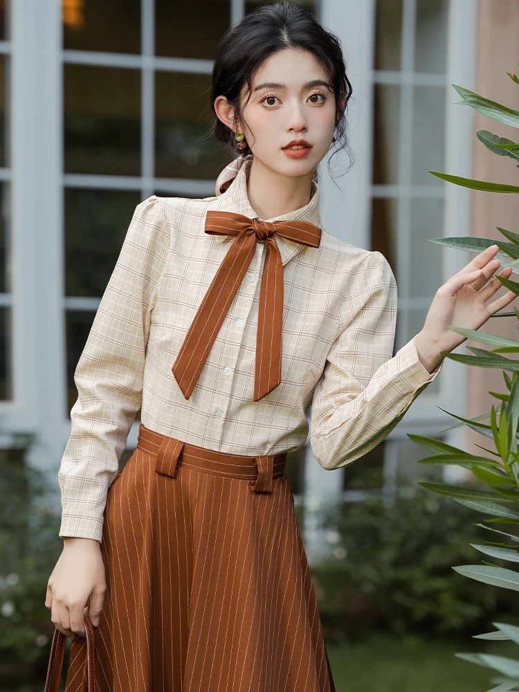 Vintage Striped Three Piece Skirt Set Women Spring Autumn Long