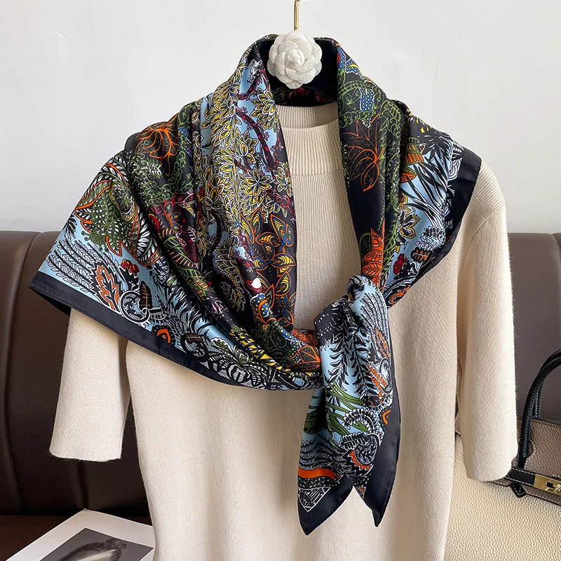 90*90cm Luxury Brand Silk Square Scarf Hijab Women Bandana Soft Scarves Neckerchief Ladies Hair Shawl Wrap Headband 6