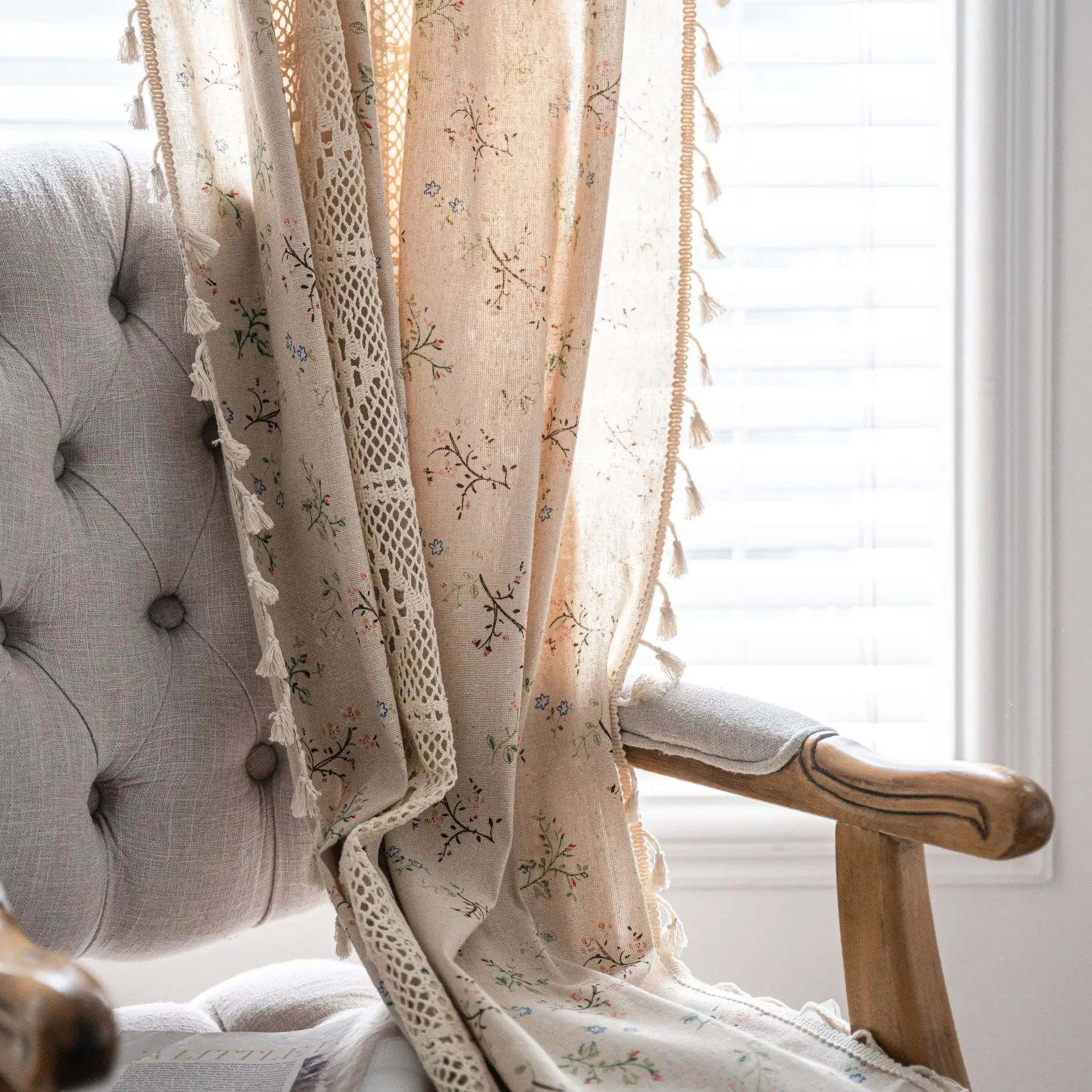 

2024 Printing Hollow Splicing American Kitchen Curtains Semi-Blackout Curtains
