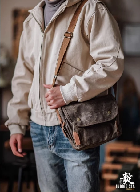 AETOO Retro Ölwachs wasserdichte Canvas Messenger Bag, Amei Kaki Distressed Workwear Single-Shoulder-Tasche, Pendler-Umhängetasche – Detail 16