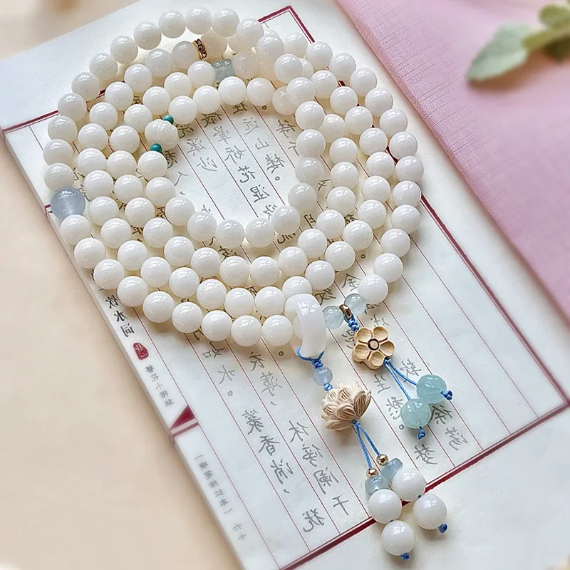 

Натуральный браслет Bodhi, 108 шт., белые нефритовые круглые бусины, дизайнерская цепочка для свитера, искусственные бусины Будды
