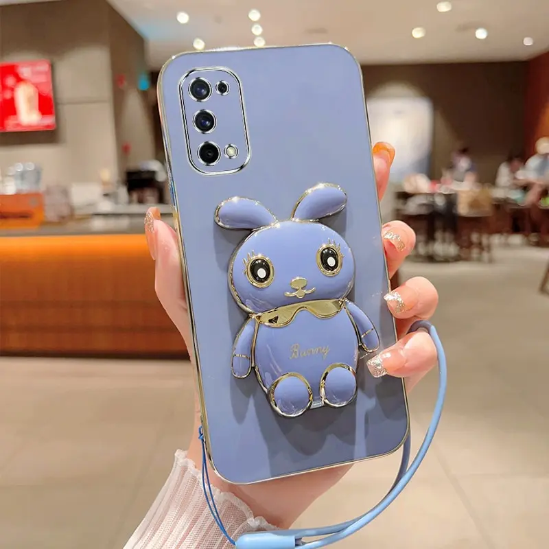 

Phone Case For Oppo Realme Q2 Pro Luxury Plating Square Rabbit Holder With Landyard Case Cover