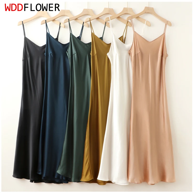 Chemise de nuit en soie charmeuse 100% soie de mûrier 22 momme, couleurs unies, robe midi pour femme, bretelles réglables, FF079 1