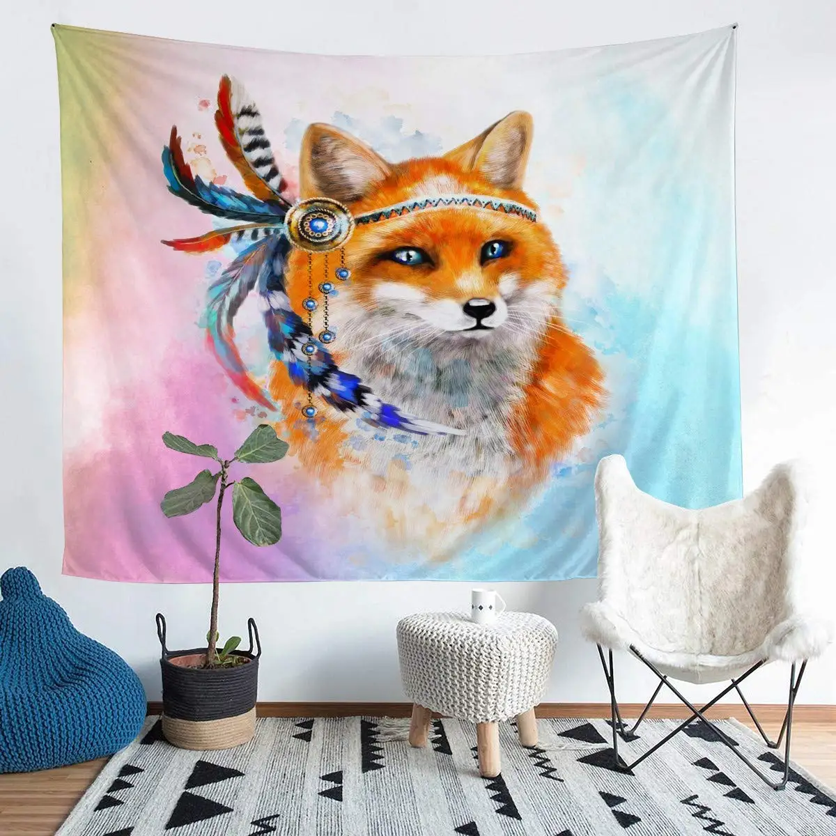 

Гобелен с лисьими животными из мультфильмов, цветные перья, этнические элементы, гобелен на стену для мальчиков, девочек, детей, подростков, спальни, общежития