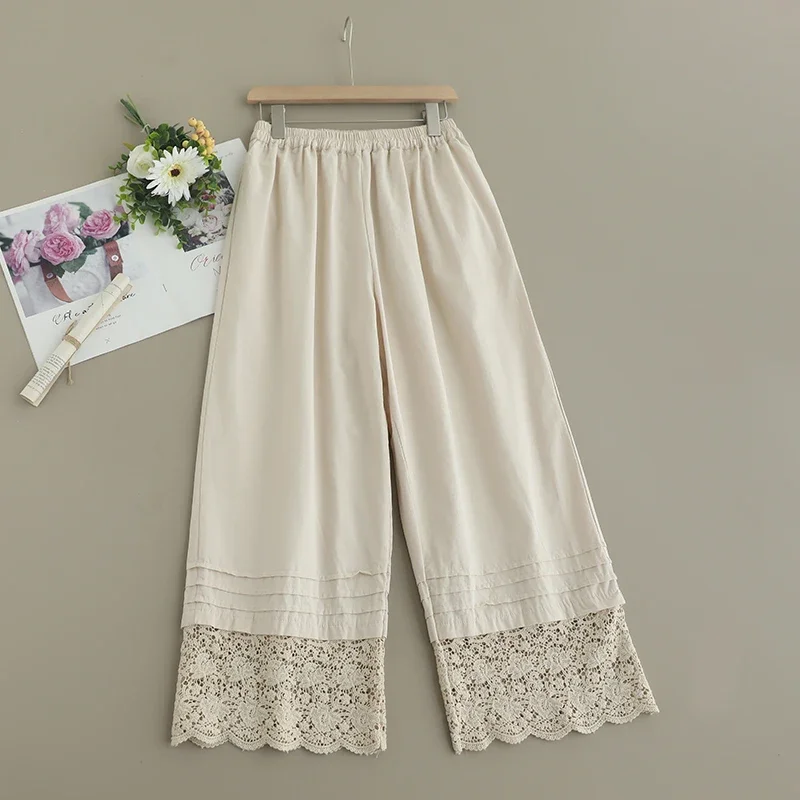 Summer Sweet Mori Girl Hollow Out Embroidered Straight Pants Women Elastic Waist Casual Loose Cotoon Pants