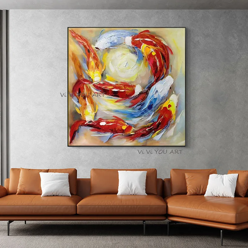 

100% Handmade Gold Color Koi Knife Oil Painting Abstract Canvas Modern Home Decor Art Wall Painting Living Room