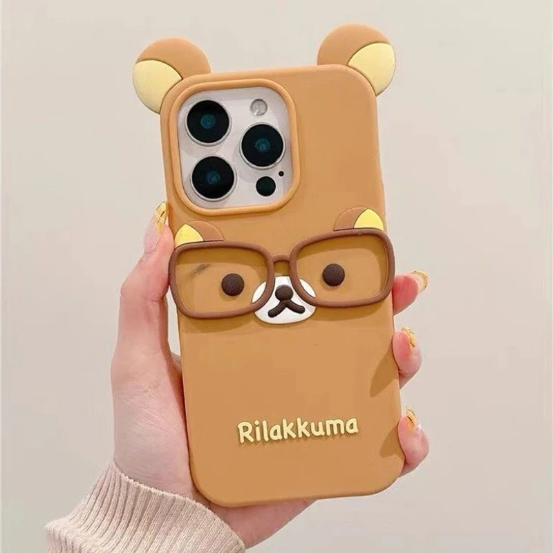 Para iphone 16 pro max 15 plus 14 pro 13 12 11 7 8 plus 6S 4S 5 5S se kawaii óculos rilakkuma 3d dos desenhos animados silicone macio caso de telefone