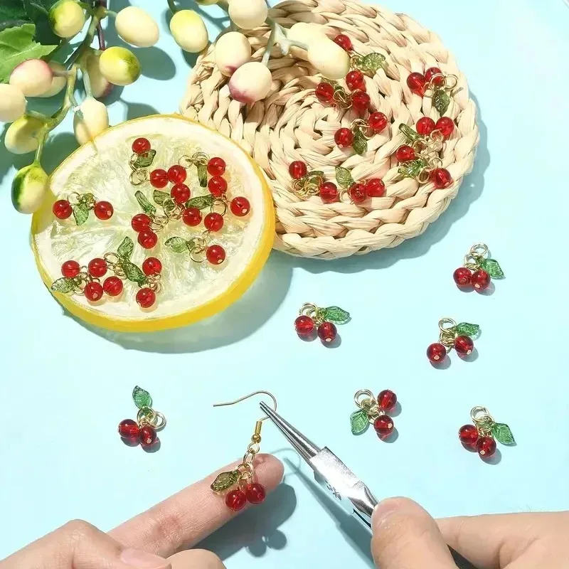 빨간 체리 참 펜던트 유리 참 장식품 귀걸이 쥬얼리 가방 휴대폰 열쇠고리 DIY 축제 파티 선물 액세서리