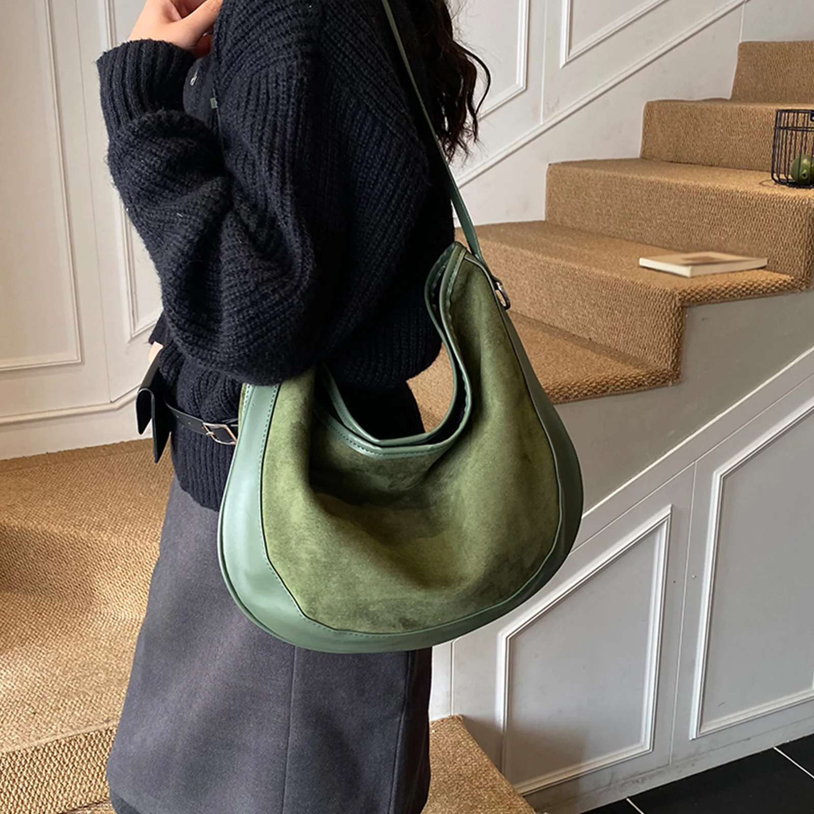 Crescent Bag Slouchy Tote Purses Solid Color PU Leather Slouchy Shoulder Bag for Women Work Shopping and Everyday Use