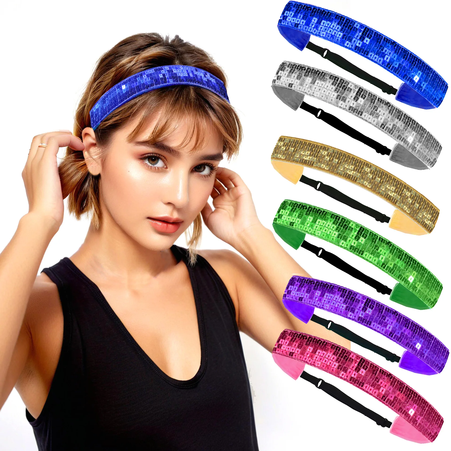 1 Stück. In mehreren Farben erhältlich. Damen-Stirnband. Pailletten-Stirnband. Geeignet für Sport und Yoga. Rutschfest. Einstellbar. Elas