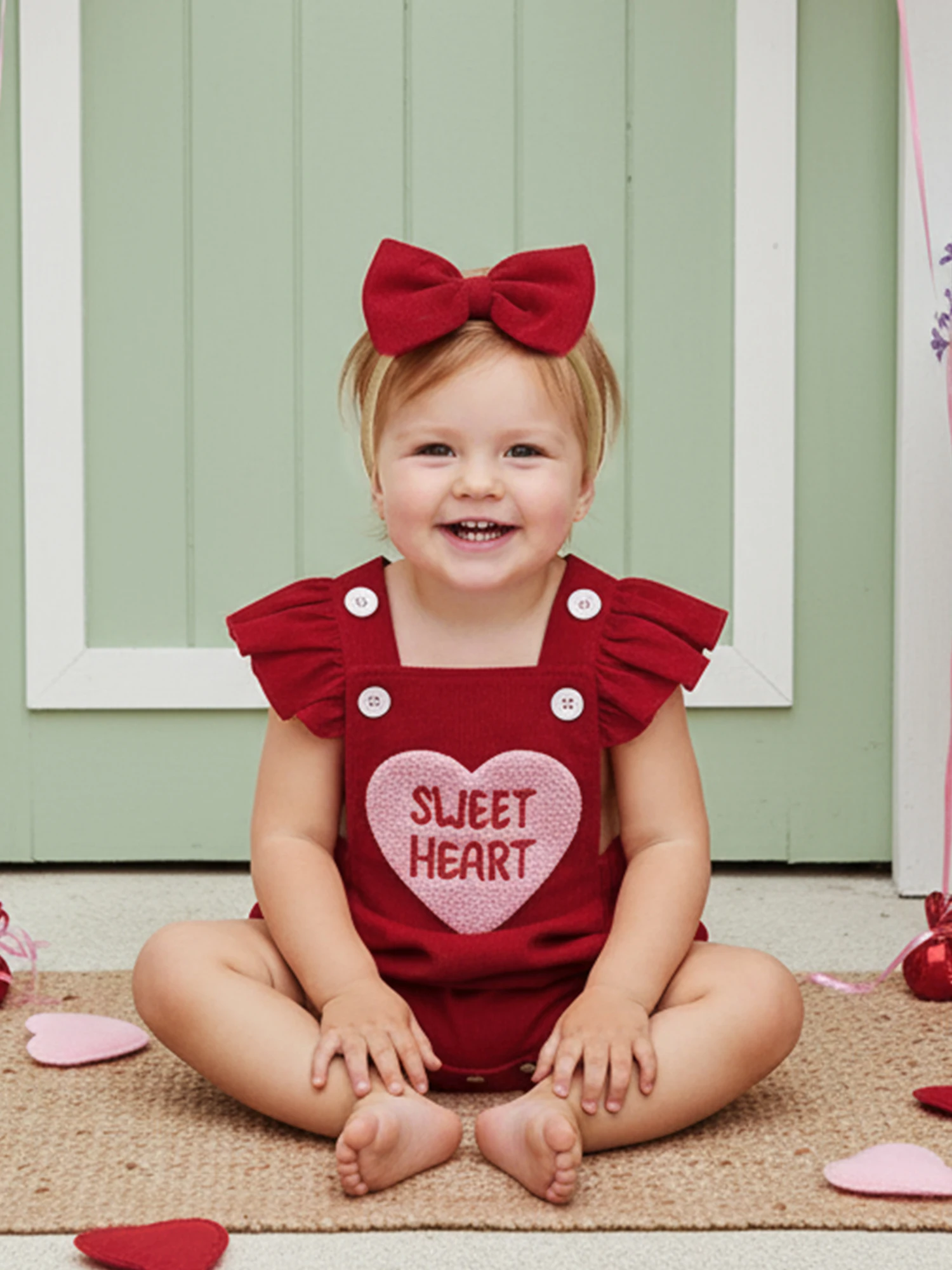 Baby Girl Valentines Outfit Letter Love Heart Embroidered Ruffled Trim Flying Sleeve Romper and Bow Headband 2 Pcs Set Sfc6edbb9c4a440f3a8702fb326bd93347