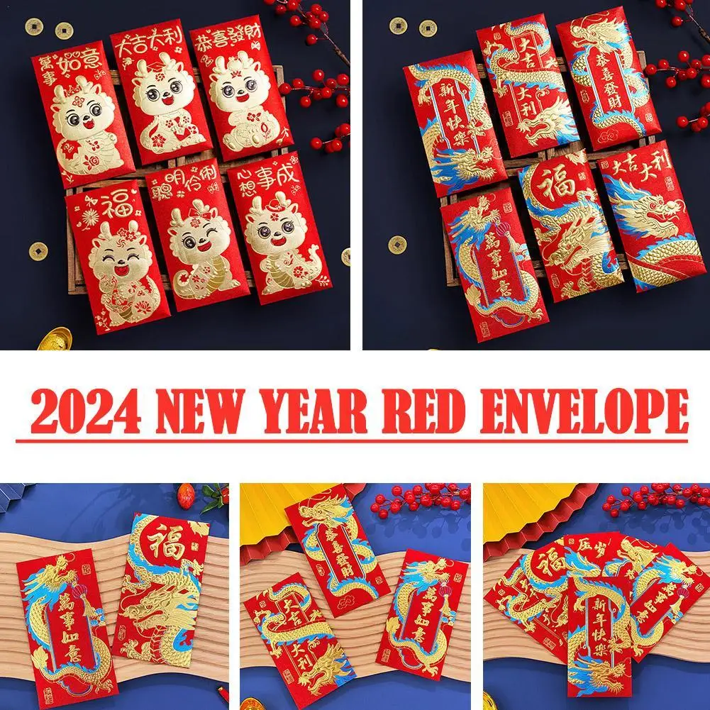 

6Pcs Traditional Chinese Red Envelopes 2024 Year of Dragon Lucky New Year Red Envelopes Money Bag Spring Festival Childrens Gift