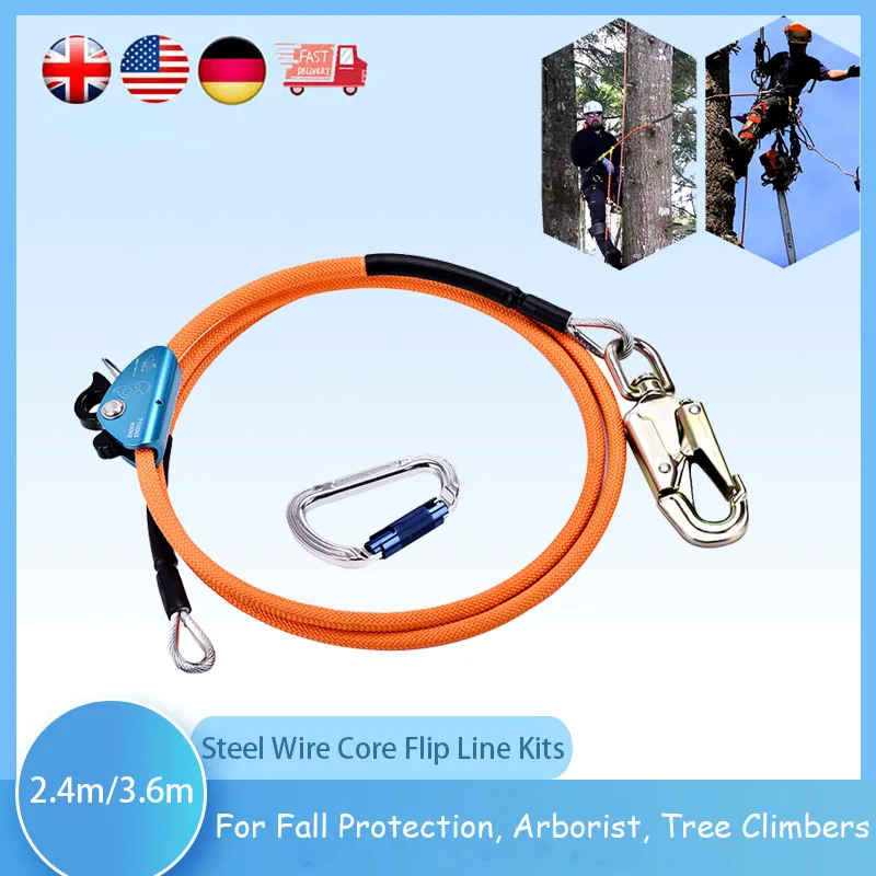 Climbing Wire Rope Steel Wire Core Flipline Kit for Tree Climbing, Adjustable Lanyard, Cut Resistant, Low Stretch, 1, 2 "x 8ft