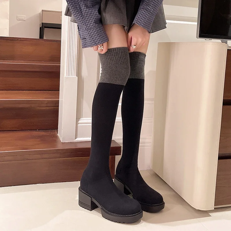 Women's Shoes High Boots Autumn Winter Woman Over-the-knee Long Stocking Elastic Socks New Rock High Heel Round Toe Chunky Black