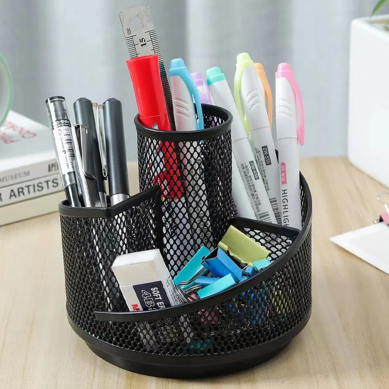 1PC Rotating Pen Holder Desktop Multi-functional Storage Box Metal Mesh 360-degree Free Rotation Office Supplies pen holder,desk organizer,pen and brush holder,desk storage rack
