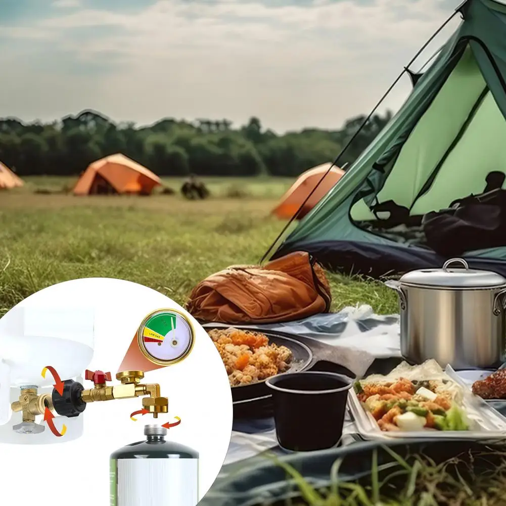 Gas Tank Connector Propane Tank Filling Accessory Explosion-proof Brass Gas Tank Refill Adapter with Valve Gauge for Outdoor 4