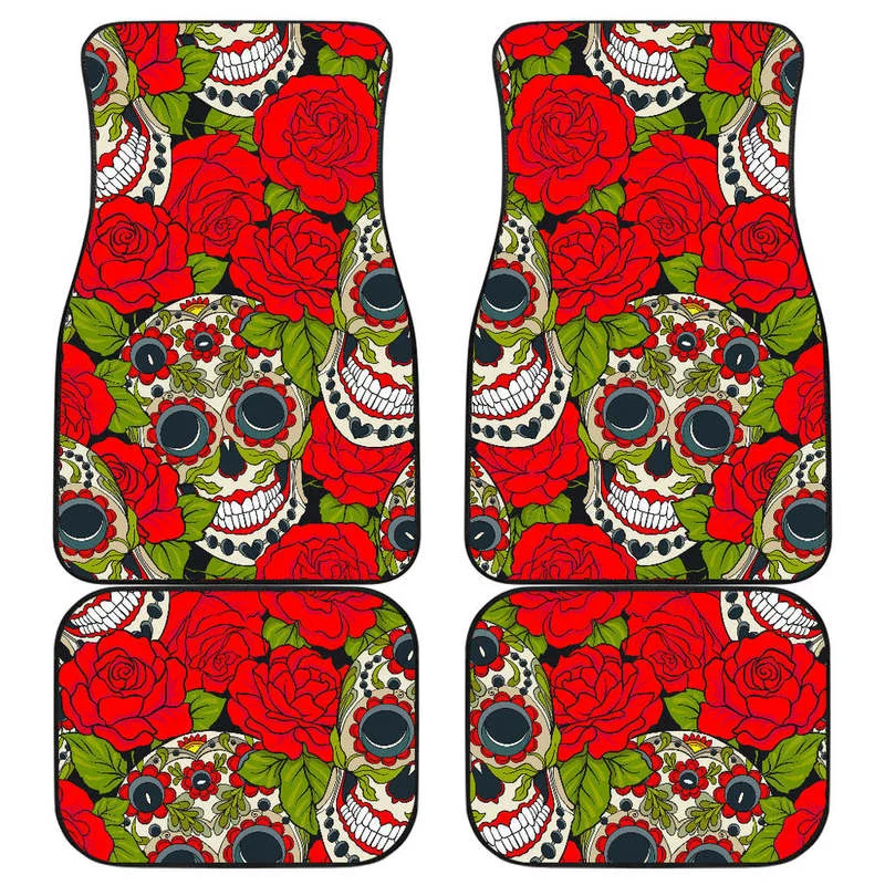 

Rose Floral Sugar Skull Pattern Print Front and Back Car Floor Mats Heavy Carpet Front and Rear Full Set Pack for Car SUV