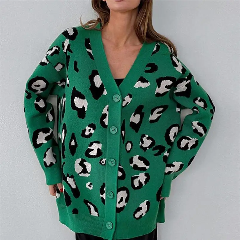 

Winter Leopard Print Cardigan Women with Buttons Oversize Jacket Loose Green Thick Warm Knitted Sweater Femme 2022 w2525