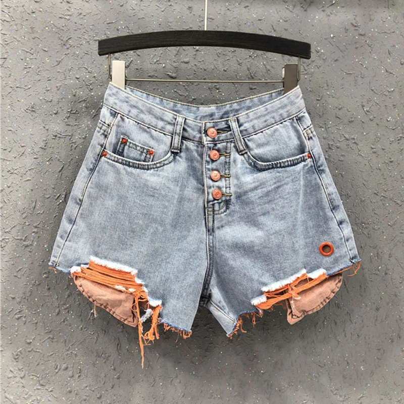 

Denim Shorts Women Wide Leg Jeans Spring Summer Fashion Loose Splicing Button Hole Shorts Casual High Waisted