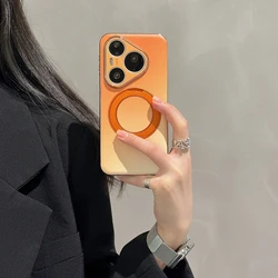 Luxury Gradient Faux Leather Phone Case with Electroplated Border and 360° Rotatable Stand for Huawei pura 90 pro max (Orange)