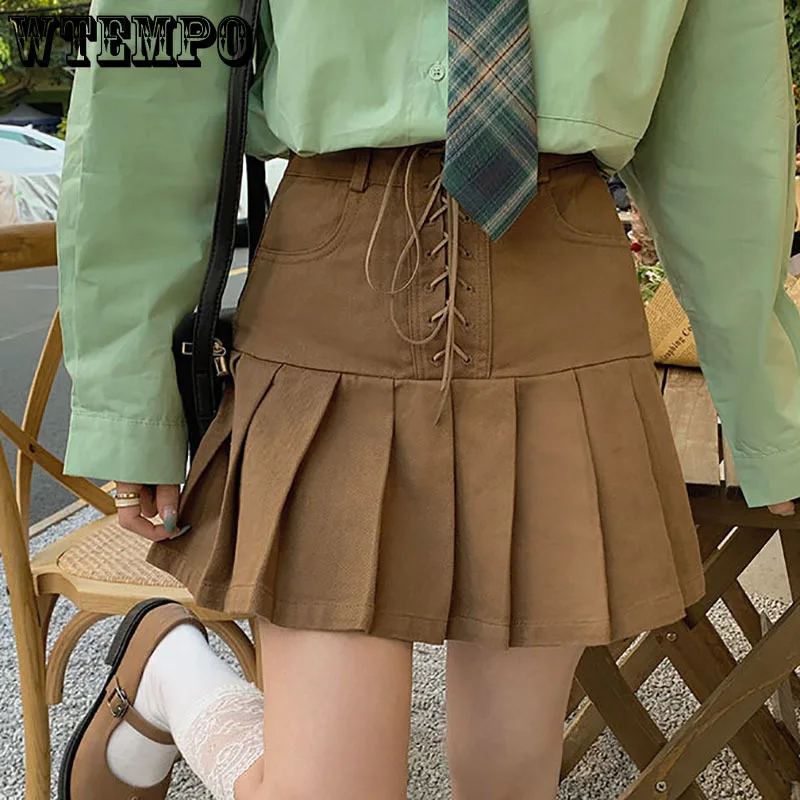

WTEMPO Women Summer Fashion Black Khaki Lace-up Skirts Girl New Solid Vintage High Waist Party Mini Pleated Skirts Wholesale