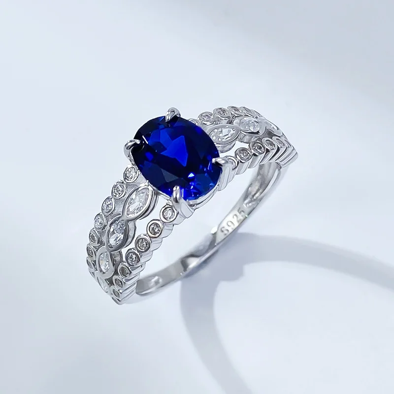 New 925 Silver Simulated Diamond 6 * 8mm Blue Gang Ring Ring Fashion Simple and Versatile
