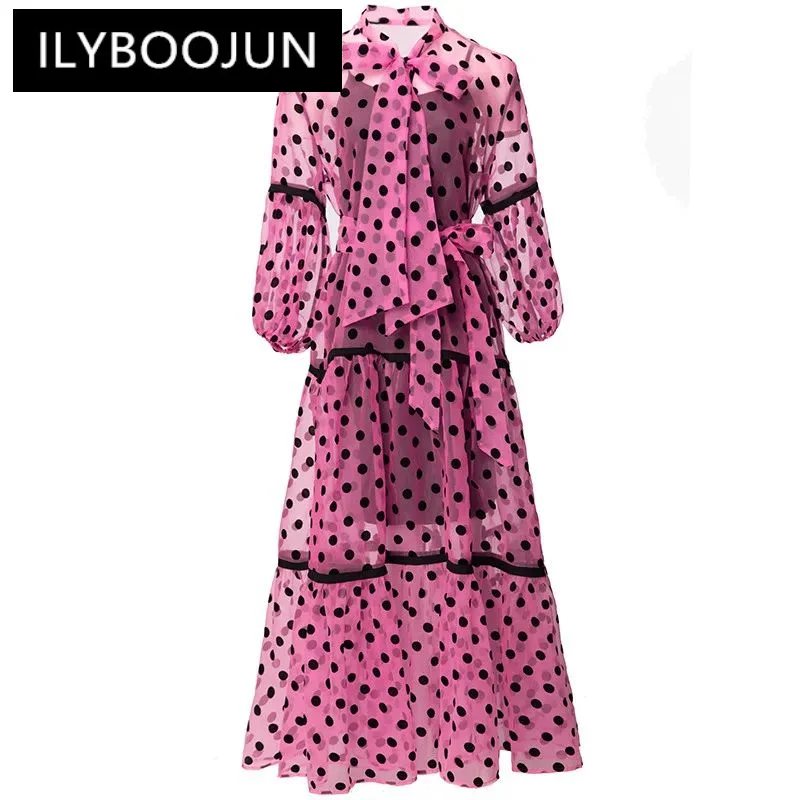 

ILYBOOJUN Fashion Designer spring Summer Women's Stand Collar Lantern Sleeved Bow Mesh Black Dot Elegant Chic Dresses