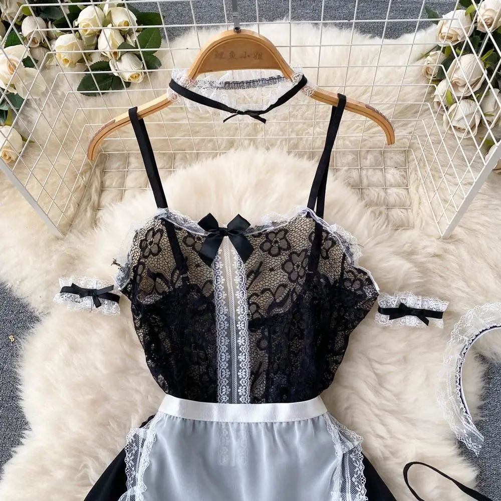Sexy Maid Cosplay Uniform Lace Patchwork Women's Dress Backless Transparent Mini Skirt Apron Sensual Erotic Pajama Nightwear Hot